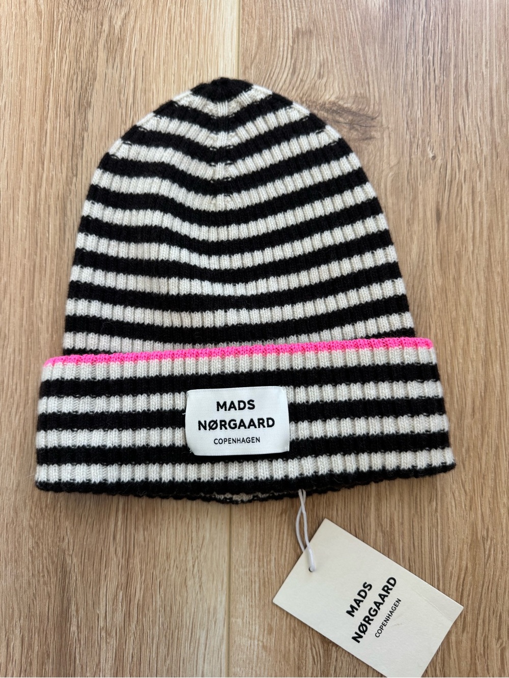 Mads Nørgaard Women’s Striped Beanie in Brown, White & Pink